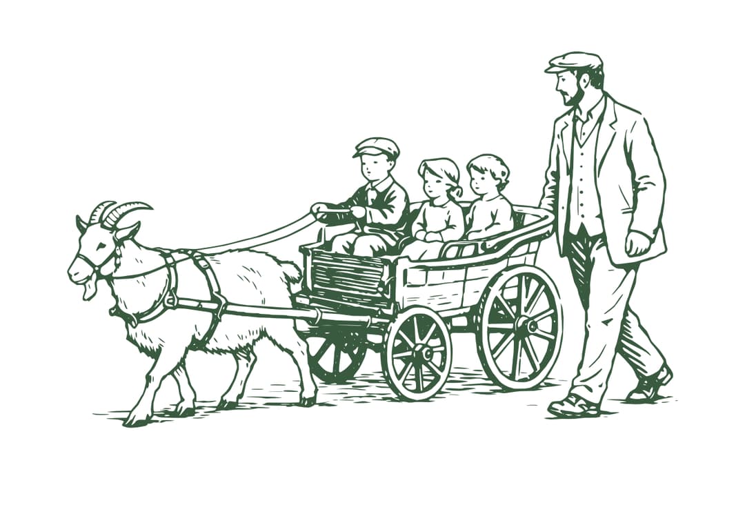 Illustratie van een bokkenwagen met kinderen en een volwassene ernaast